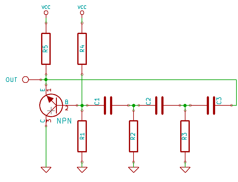 Oscillateur à décalage de phase avec un transistor.